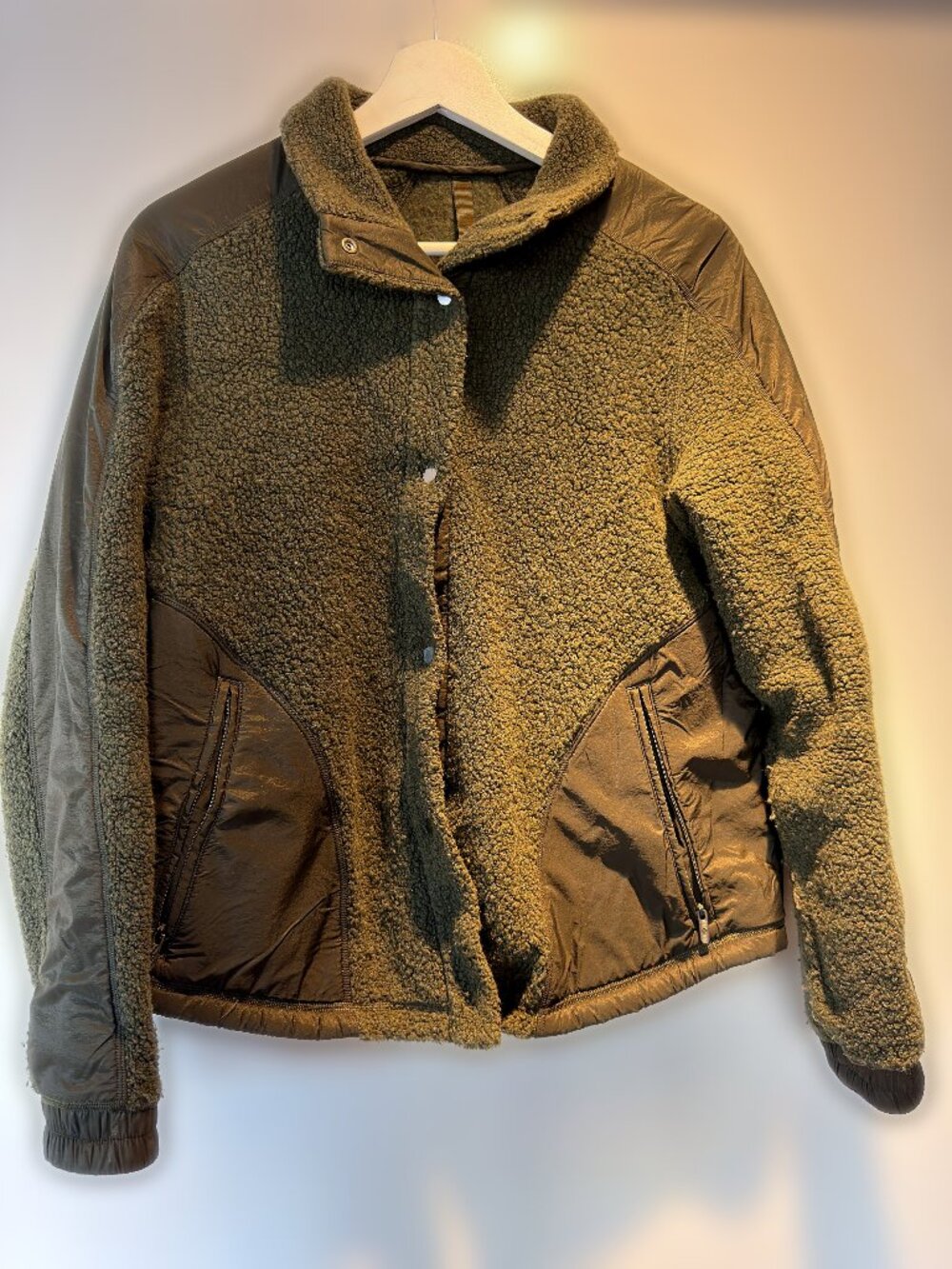 Olive Sherpa Fleece Wool Blend Bomber Jacket